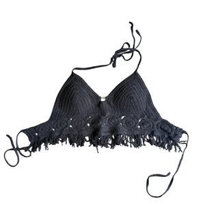 Sans Souci Black Crochet Tie Halter Top - Festival Fringe Boho - Women’s Size Sm